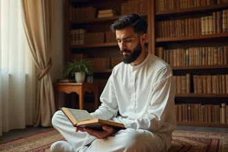 Homme lisant une traduction française du Coran, sourate Al Kahf, assis sur un tapis de prière dans une bibliothèque islamique