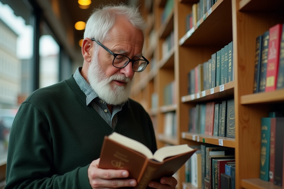 Homme âgé en librairie islamique française feuilletant une traduction du Coran pour lire la sourate Al Kahf