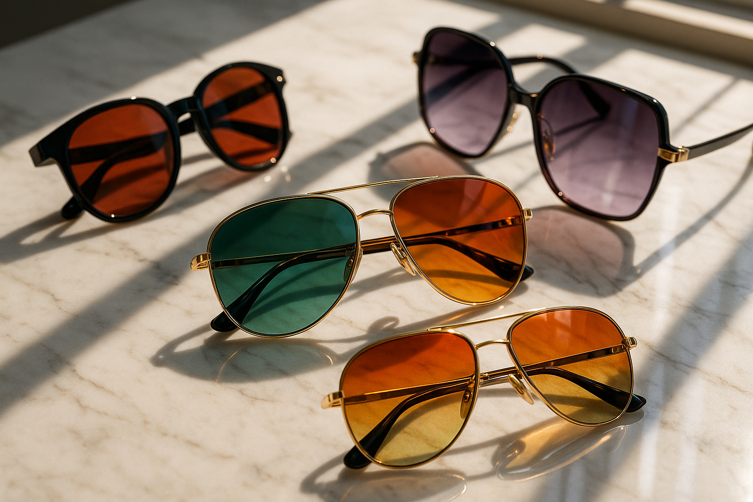 Lunettes de luxe sur surface en marbre avec reflets lumineux