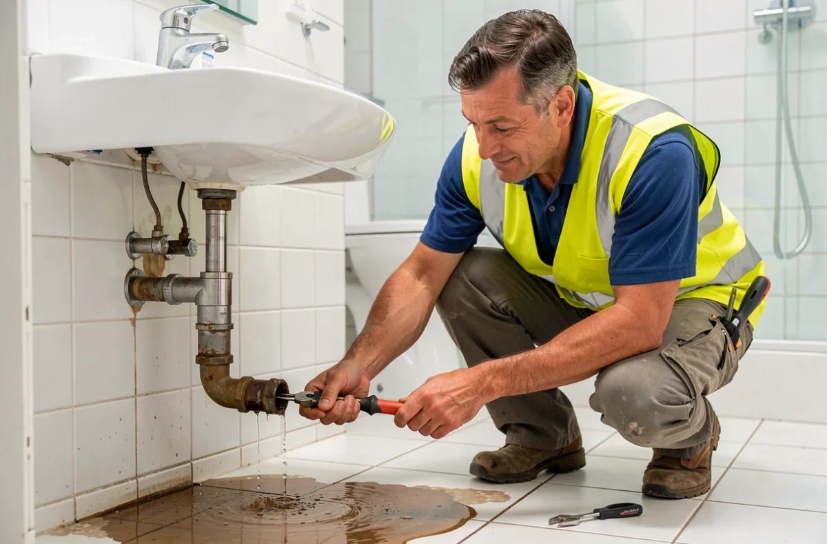 Plombier de Maccotta Plomberie réparant en urgence une fuite sous un lavabo à Marseille