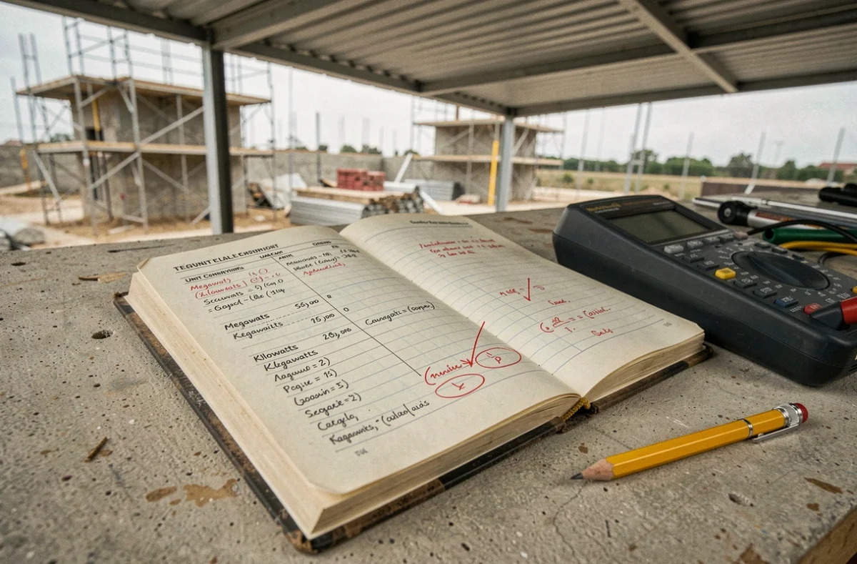 Manuel technique ouvert avec annotations de conversion mégawatt kilowatt et erreurs de calcul entourées en rouge sur chantier