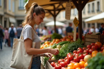 Femme faisant ses courses au marché du dimanche matin, choisissant des légumes frais sur un étal coloré en plein air