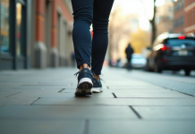 Personne marchant dans la ville en extérieur avec chaussures en mouvement