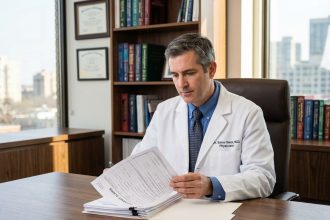 Médecin homme en bureau moderne examinant des documents d'assurance