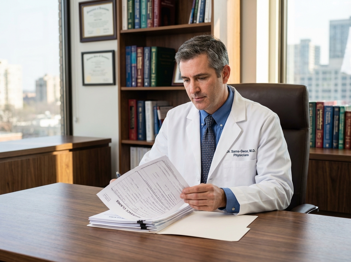 Médecin homme en bureau moderne examinant des documents d'assurance