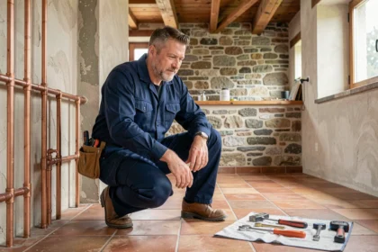 Plombier professionnel travaillant sur des canalisations en cuivre dans une maison alpine des Alpes-de-Haute-Provence