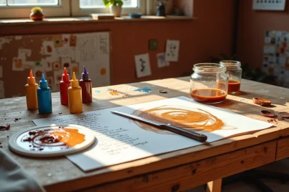Palette d'artiste avec mélanges de peinture acrylique pour obtenir différentes nuances de marron