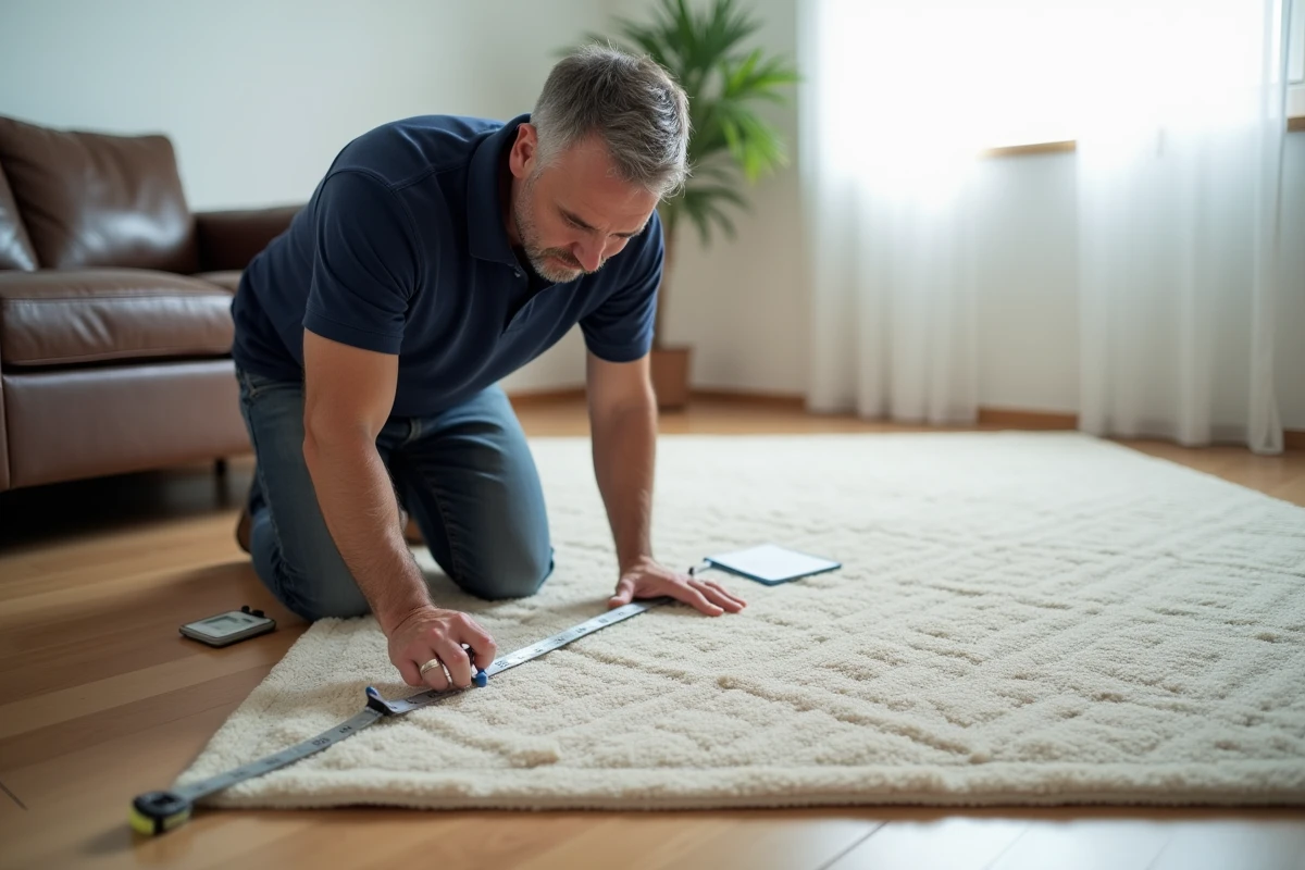 Homme mesurant la largeur d'un tapis rectangulaire dans un salon avec un mètre ruban en acier