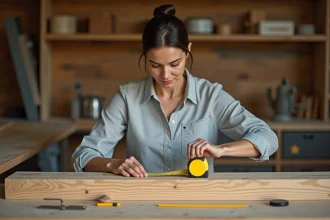 Femme mesurant la longueur d'une planche en bois avec un mètre ruban jaune dans un atelier
