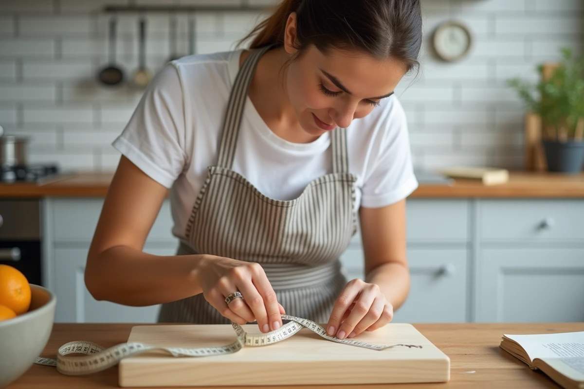 Femme mesurant la largeur d'une planche à découper dans une cuisine avec un mètre ruban souple