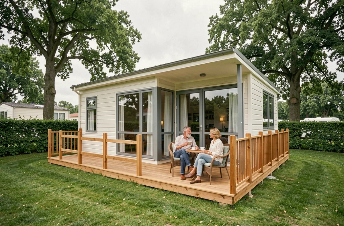 Mobil-home de fabrication française installé sur un camping verdoyant avec terrasse en bois et couple profitant de l'extérieur