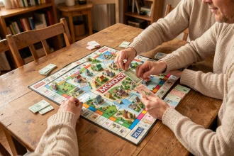 Parties de Monopoly Ville en cours sur une table familiale avec billets colorés et pions miniatures