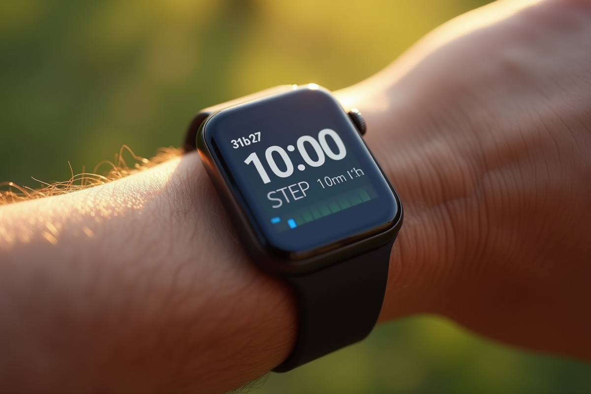 Montre connectee affichant 10000 pas et kilometres en gros plan