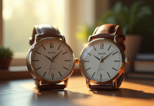 Montre élégante et horloge murale côte à côte sur un bureau en bois en lumière naturelle