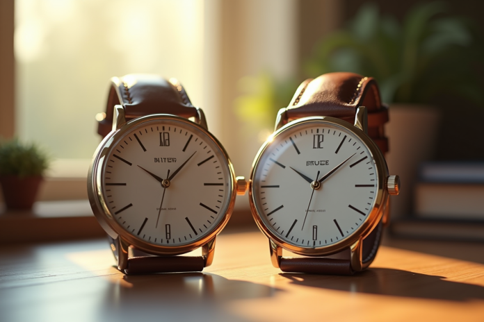 Montre élégante et horloge murale côte à côte sur un bureau en bois en lumière naturelle