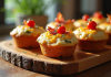 Muffins salés chauds sur planche en bois avec garniture