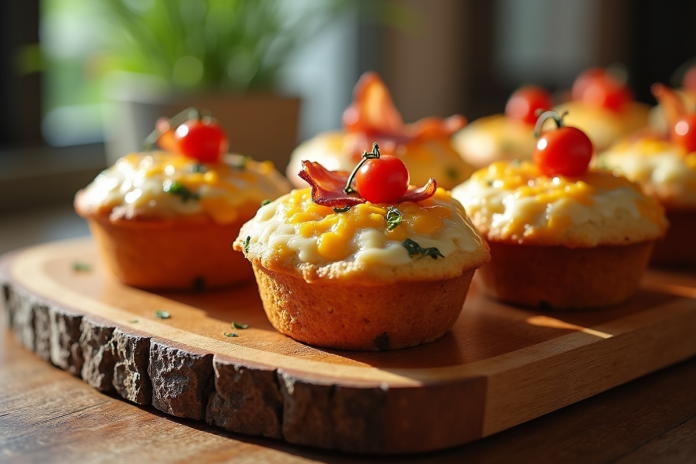 Muffins salés chauds sur planche en bois avec garniture