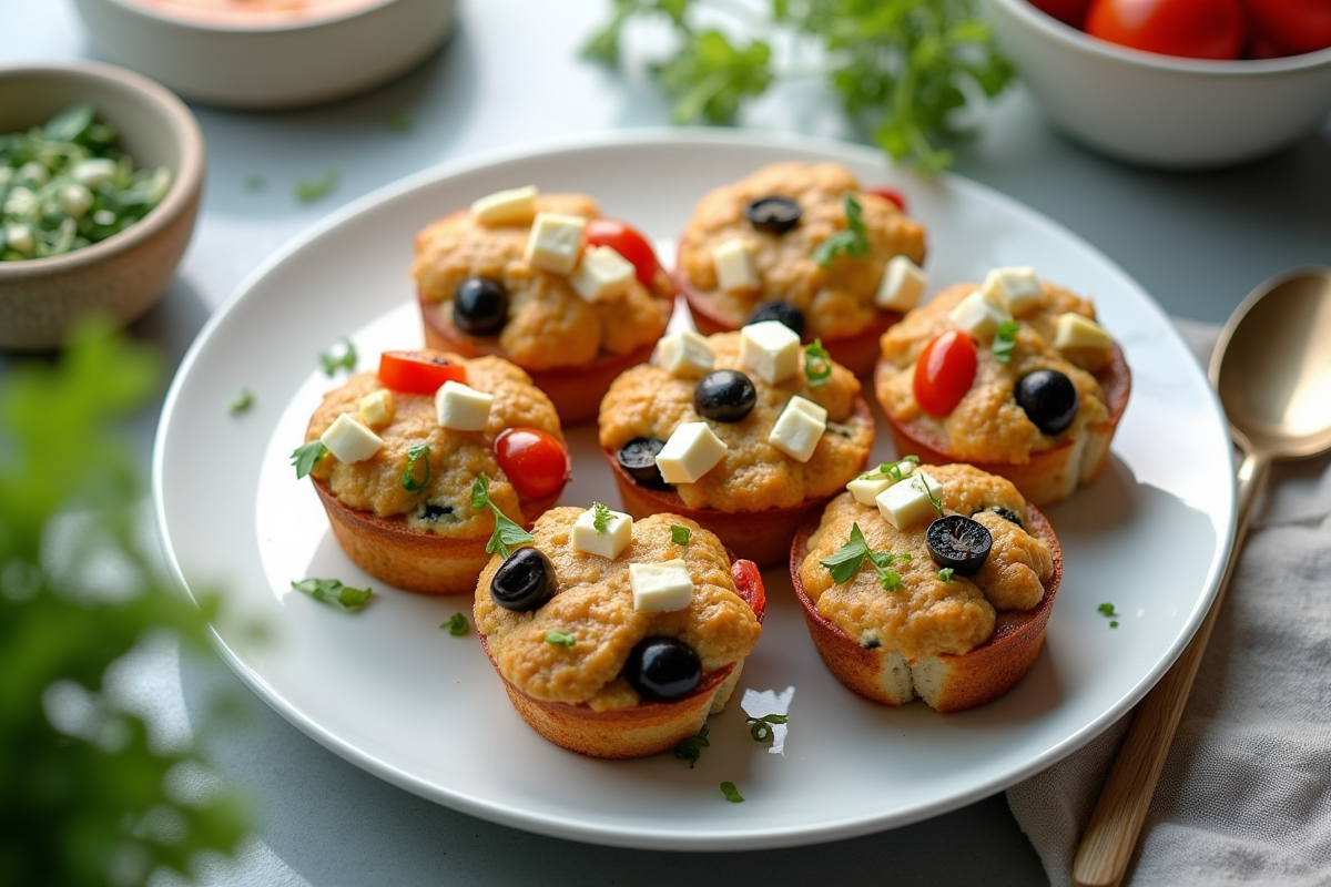 Assiette de muffins salés avec légumes et feta en lumière naturelle
