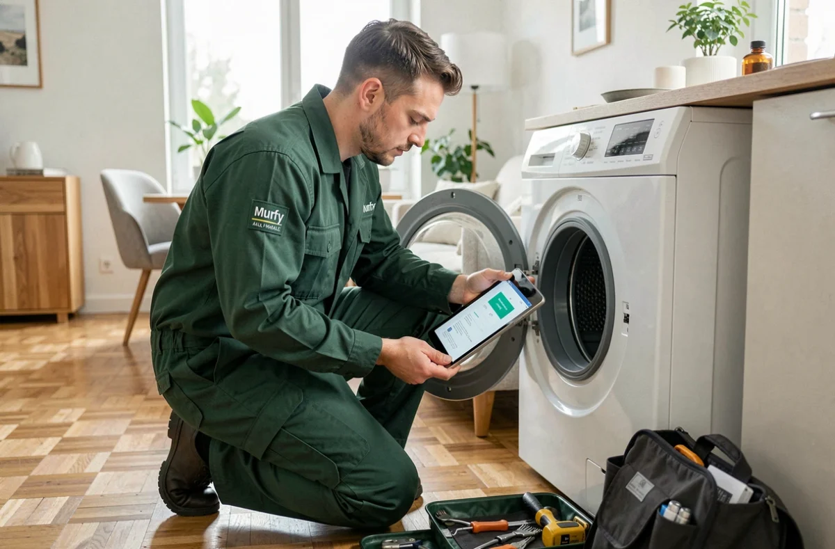 Technicien Murfy effectuant une réparation de machine à laver à domicile dans un appartement du Val-de-Marne avec tablette de diagnostic