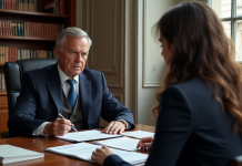 Honoraires notaires : Comment sont fixés les tarifs en France ? Notaire français expliquant des documents à un couple dans son bureau