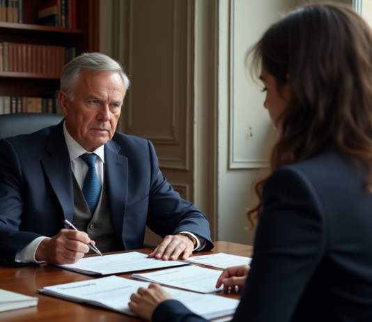 Honoraires notaires : Comment sont fixés les tarifs en France ? Notaire français expliquant des documents à un couple dans son bureau