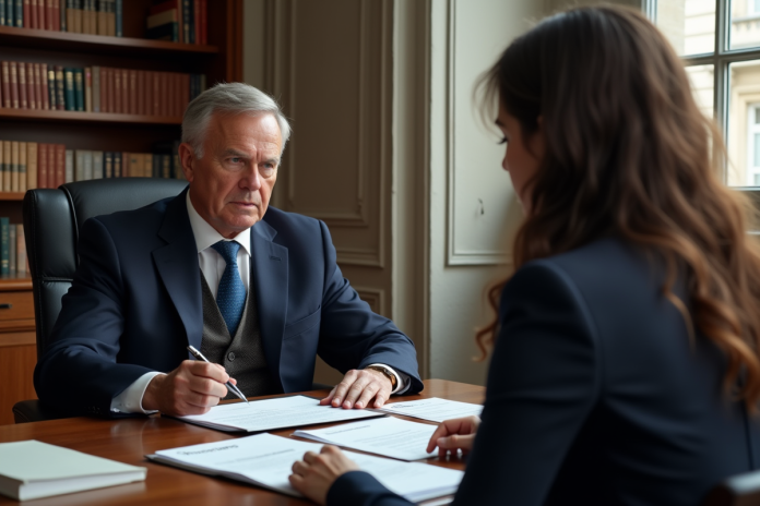 Notaire français expliquant des documents à un couple dans son bureau