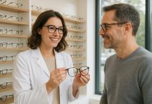 Opticien aidant un client à choisir des lunettes modernes dans un magasin lumineux
