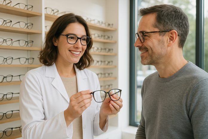Opticien aidant un client à choisir des lunettes modernes dans un magasin lumineux