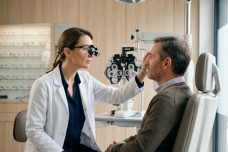 Opticienne examinant la vue d'un patient dans un cabinet d'optique moderne en Isère