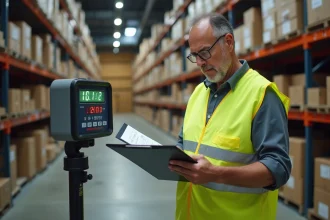 Ouvrier d'entrepôt consultant un tableau de conversion kilogrammes en tonnes sur un presse-papiers devant une balance industrielle