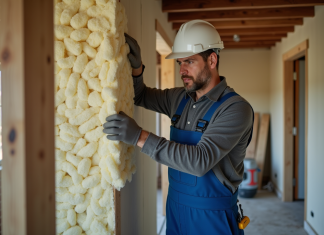 Ouvrier en overalls posant de la laine mineral pour isolation