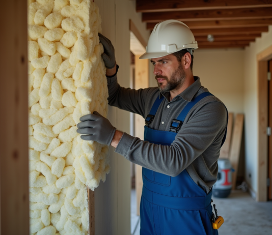 Ouvrier en overalls posant de la laine mineral pour isolation