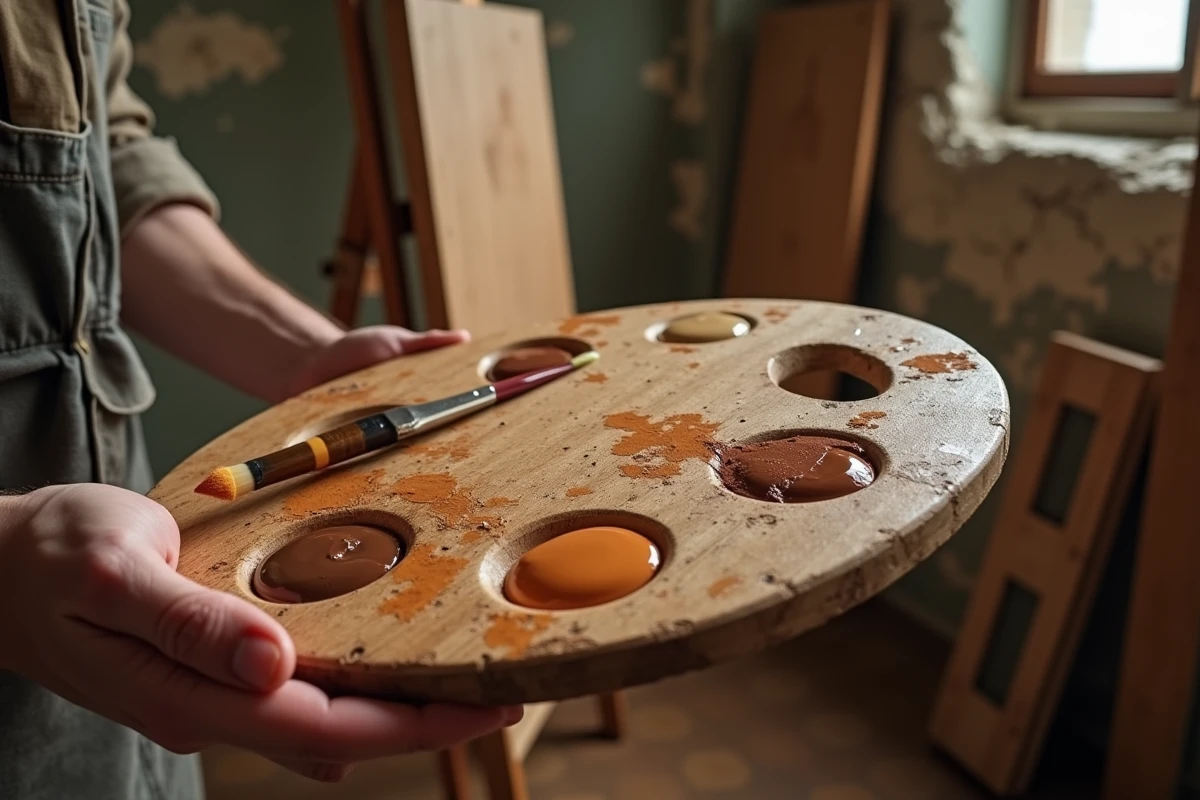 Gros plan d'une palette de peintre à l'huile avec plusieurs nuances de marron mélangées