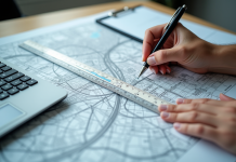Personne dessinant une ligne droite sur une carte urbaine avec règle