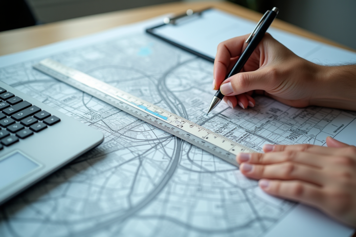 person-dessin-carte-ville Personne dessinant une ligne droite sur une carte urbaine avec règle