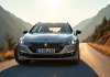 Voiture Peugeot 508 SW sur route de montagne en plein soleil