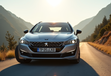Voiture Peugeot 508 SW sur route de montagne en plein soleil
