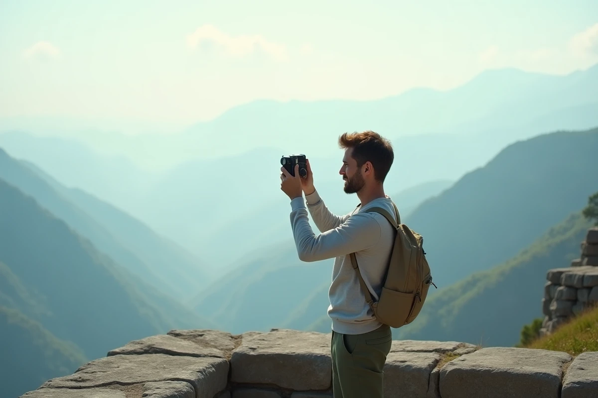 Photographe de voyage utilisant un Fuji XT20 sur un belvédère de montagne avec vue panoramique