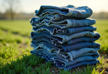 Pile de jeans usés dans un champ vert ensoleille
