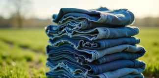 Denim : pourquoi est-il mauvais pour l’environnement ? Pile de jeans usés dans un champ vert ensoleille