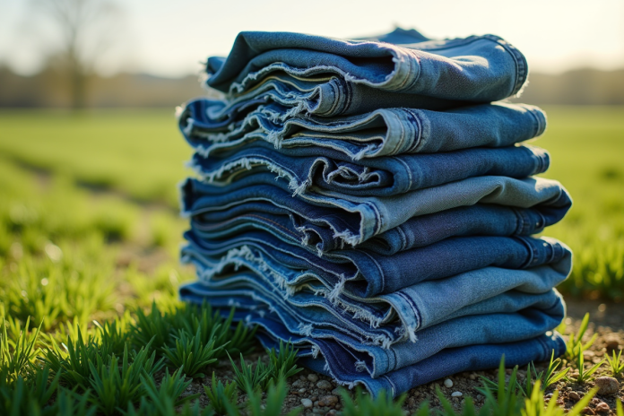 Pile de jeans usés dans un champ vert ensoleille