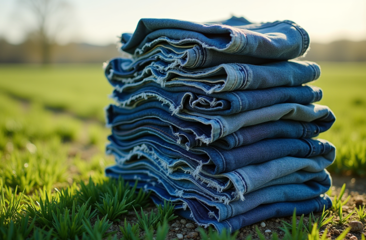 Pile de jeans usés dans un champ vert ensoleille