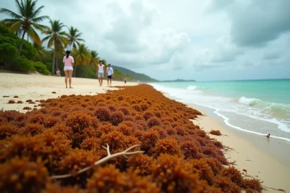 Plage de Guadeloupe envahie par les algues sargasses en 2026, vue grand angle de l'accumulation massive le long du littoral
