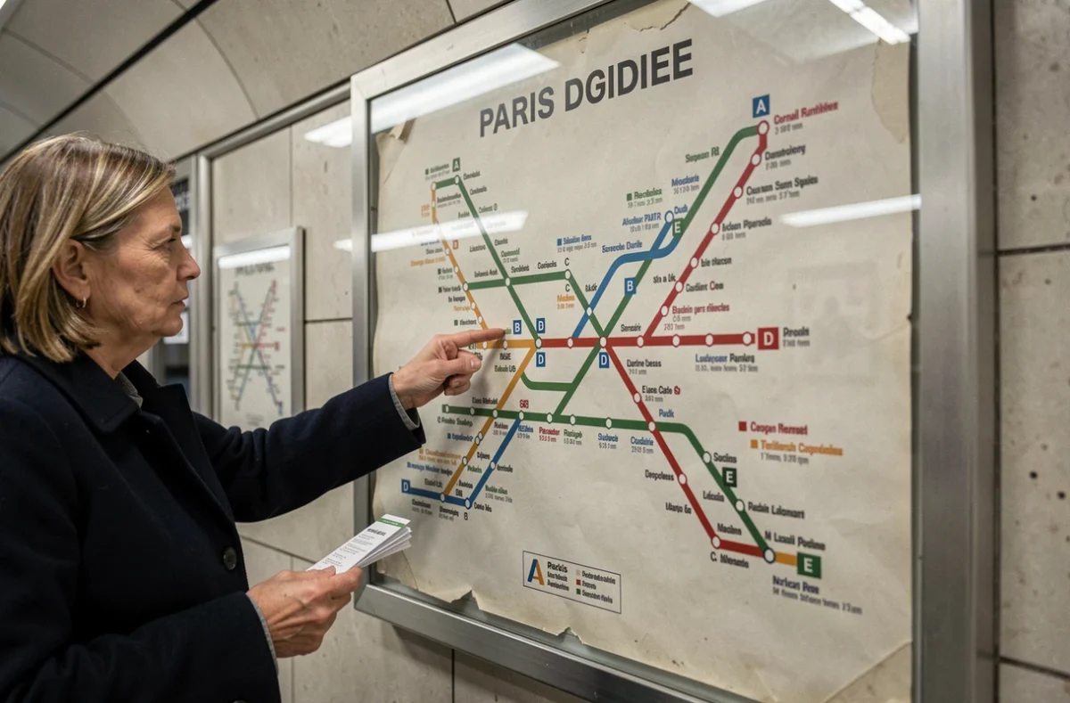 Plan du réseau RER Paris affiché en gare avec les lignes A B C D E et les temps de trajet en minutes