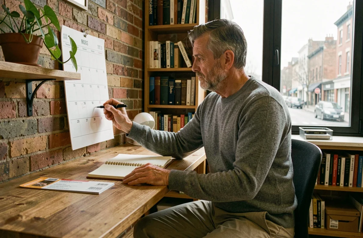 Homme planifiant un voyage en marquant les dates de départ et d'arrivée sur un calendrier mural dans un bureau à domicile