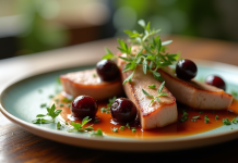 Assiette de lapin tendre garnie de pruneaux et herbes fraîches