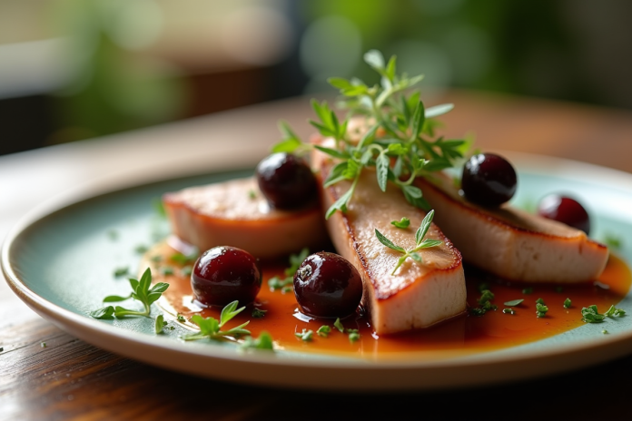 Assiette de lapin tendre garnie de pruneaux et herbes fraîches