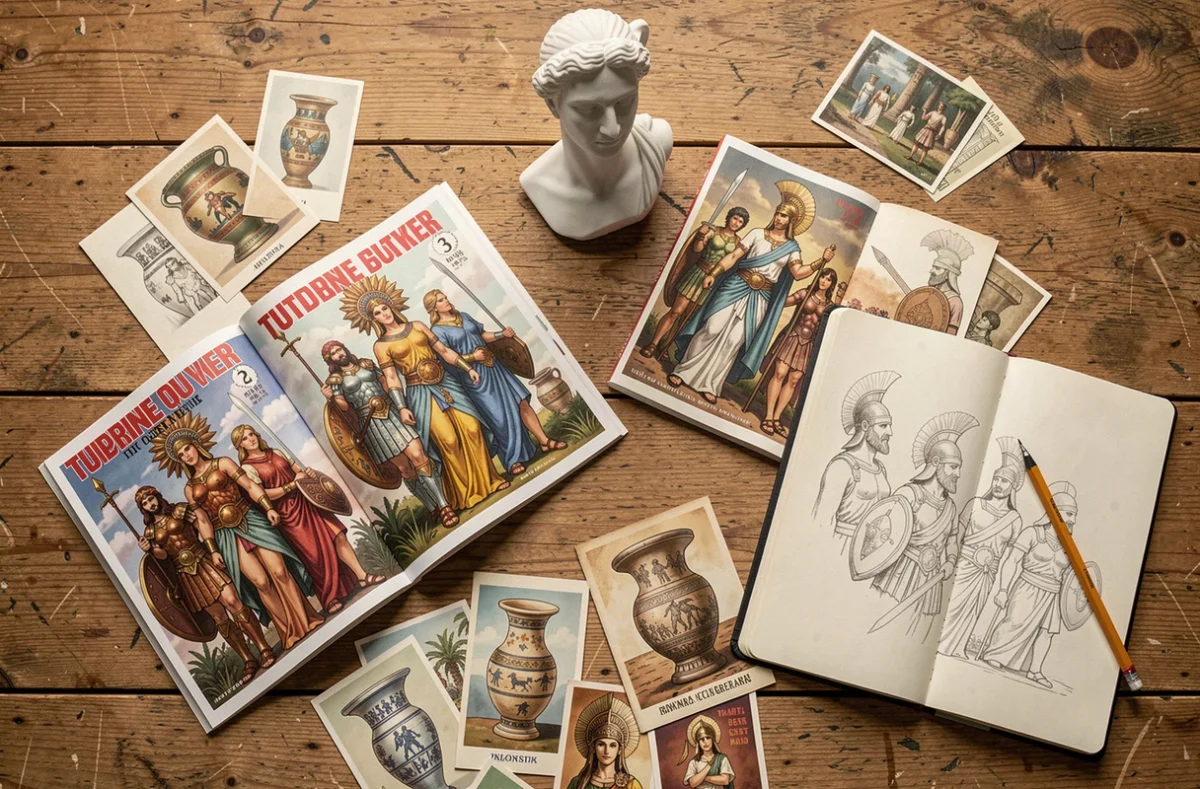 Vue aérienne d'un assemblage d'objets culturels autour d'Athéna incluant buste en plâtre, mangas et reproductions de vases grecs