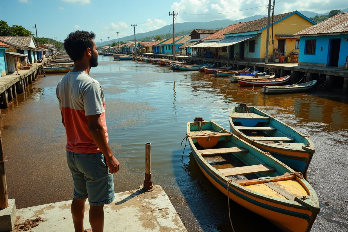 Port de pêche guadeloupéen envahi par les algues sargasses en 2026, pêcheurs locaux observant l'eau obstruée depuis le quai