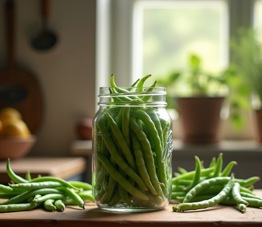 Pot de haricots verts frais sur une table en bois